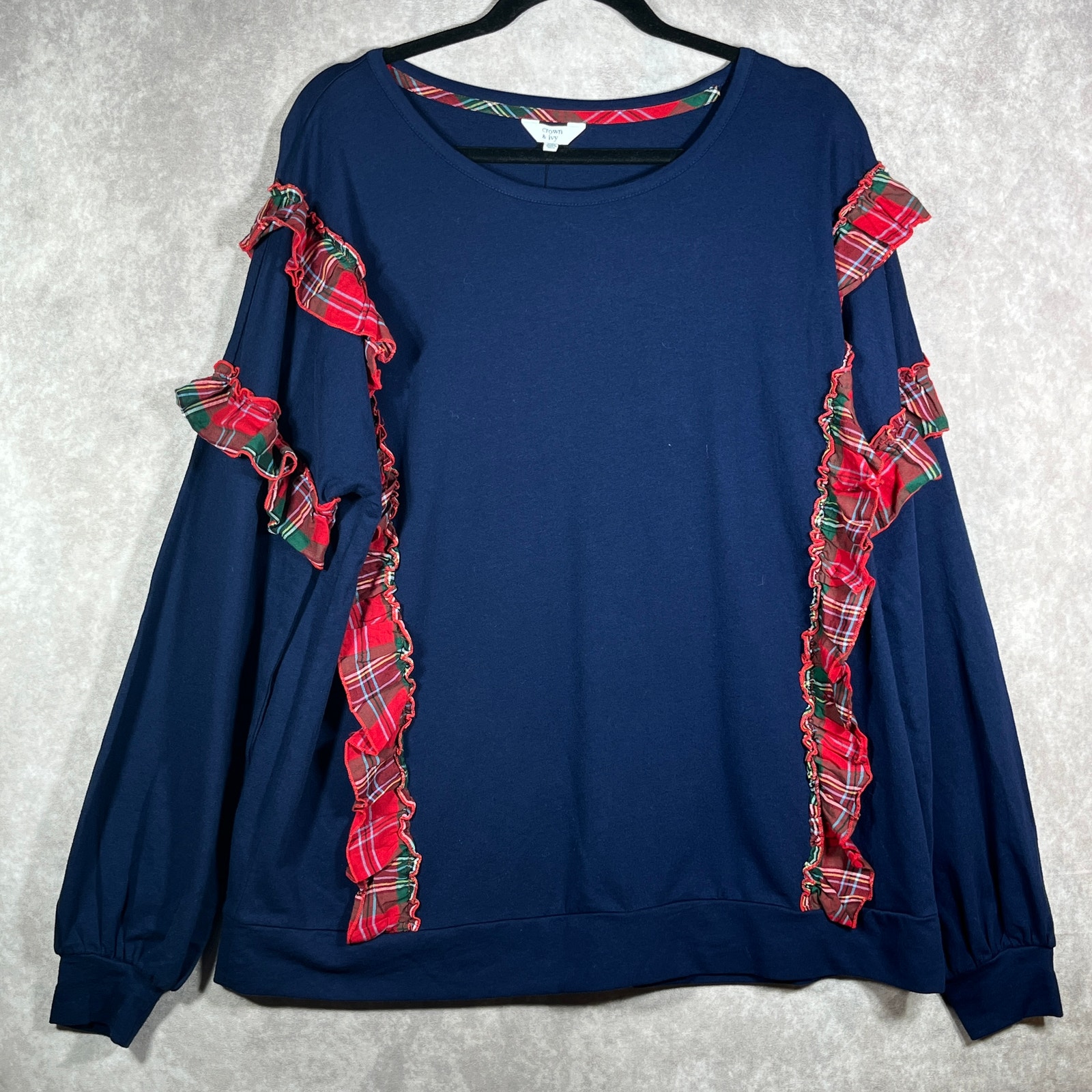Crown & Ivy Top Womens 2xl Blue Red Plaid Ruffle Trim Long Sleeve Holiday New